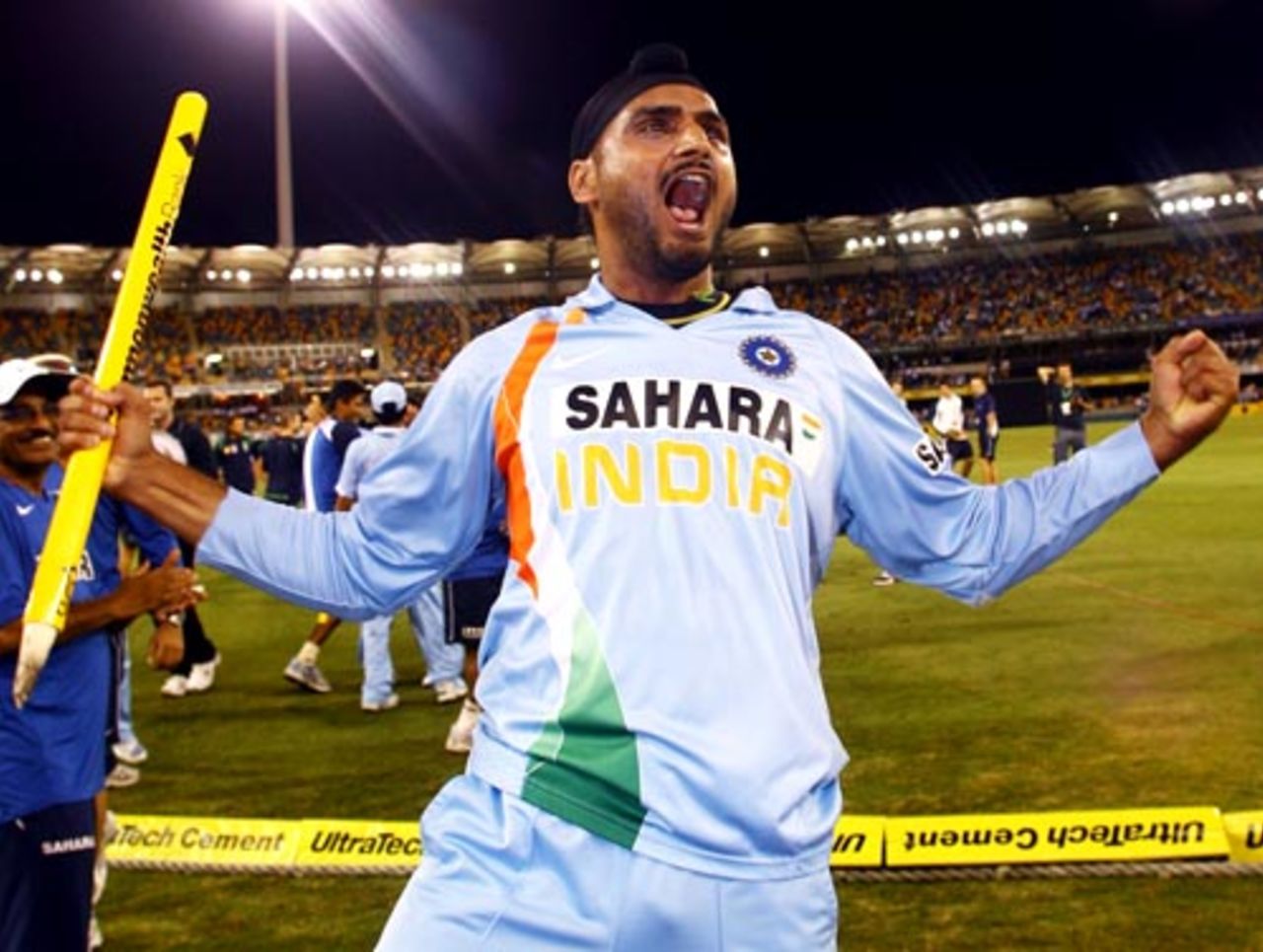 Harbhajan Singh exults after the win, Australia v India, CB Series, 2nd final, Brisbane, March 4, 2008 