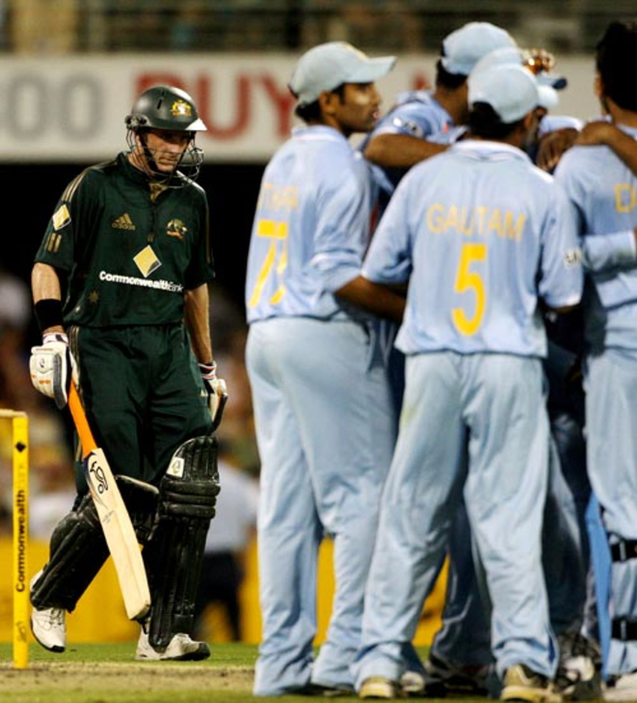 Michael Hussey departs after he was caught behind, Australia v India, CB Series, 2nd final, Brisbane, March 4, 2008 