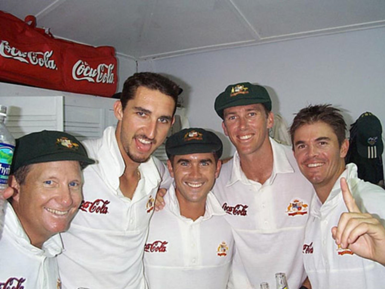Ian Healy, Jason Gillespie, Justin Langer, Glenn McGrath and Greg Blewett celebrate the Australians win over the West Indies in the first Test in Port-of-Spain, Trinidad. March 8, 1999.