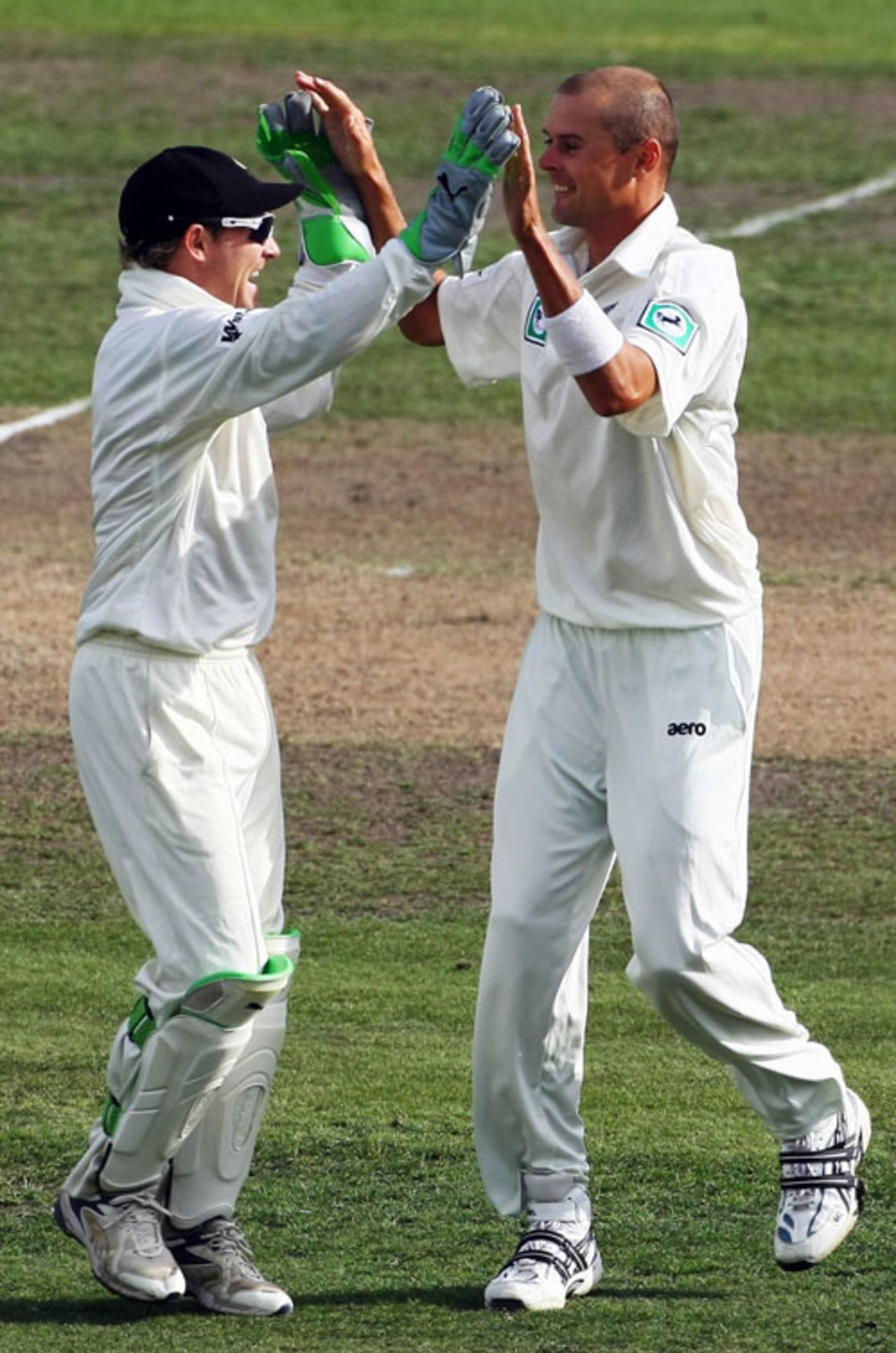 Brendon McCullum celebrates with Chris Martin the wicket of Alastair Cook, New Zealand v England, 1st Test, Hamilton, March 6, 2008