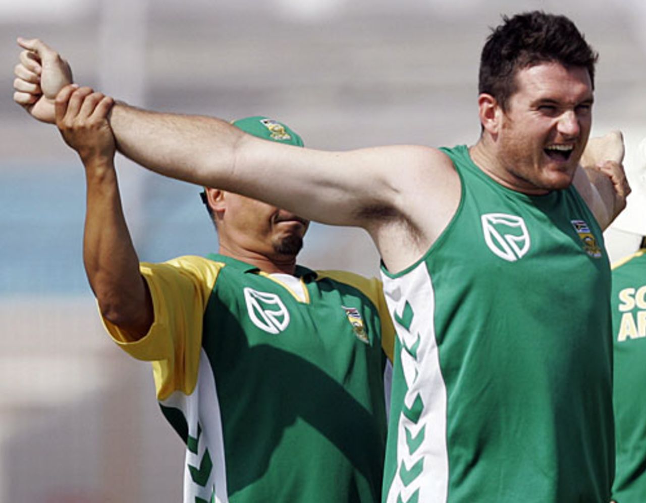 Graeme Smith stretches before a net session, Chittagong, March 6, 2007