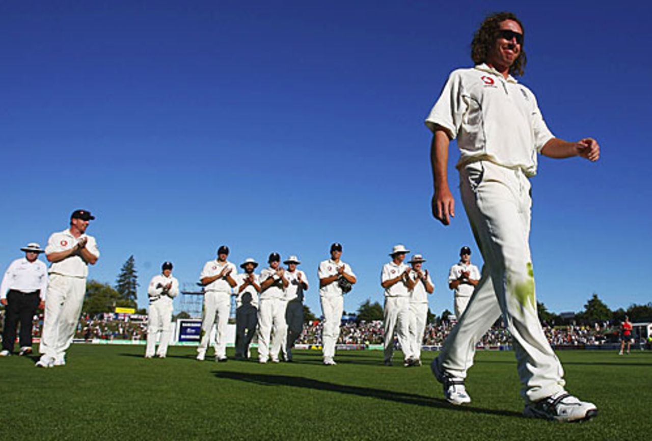 Ryan Sidebottom leads off England after claiming 5 for 37, including a hat-trick, New Zealand v England, 1st Test, Hamilton, March 8, 2008