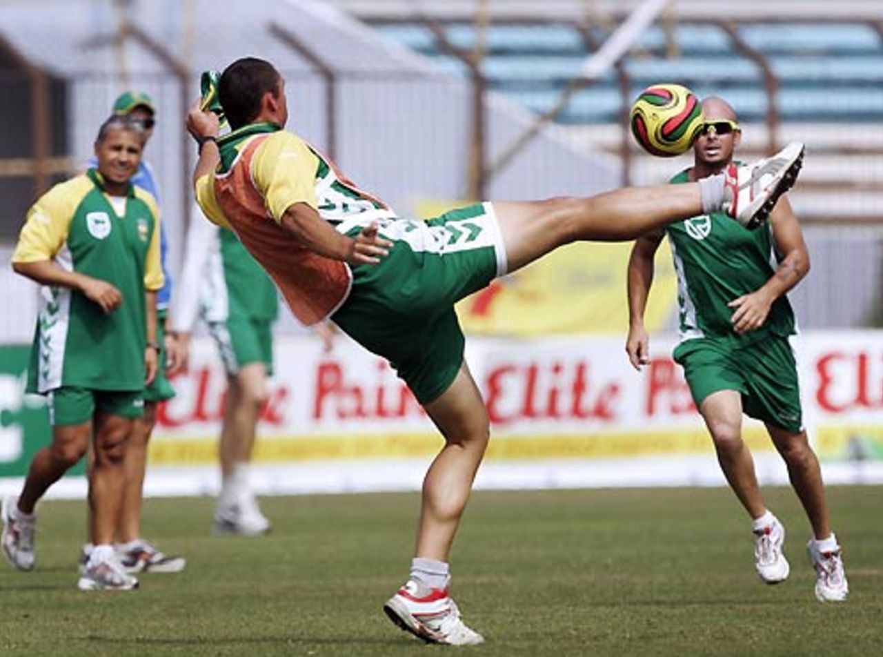 The South Africans warm-up with a game of soccer ahead of the first one-dayer, Chittagong, March 8, 2008