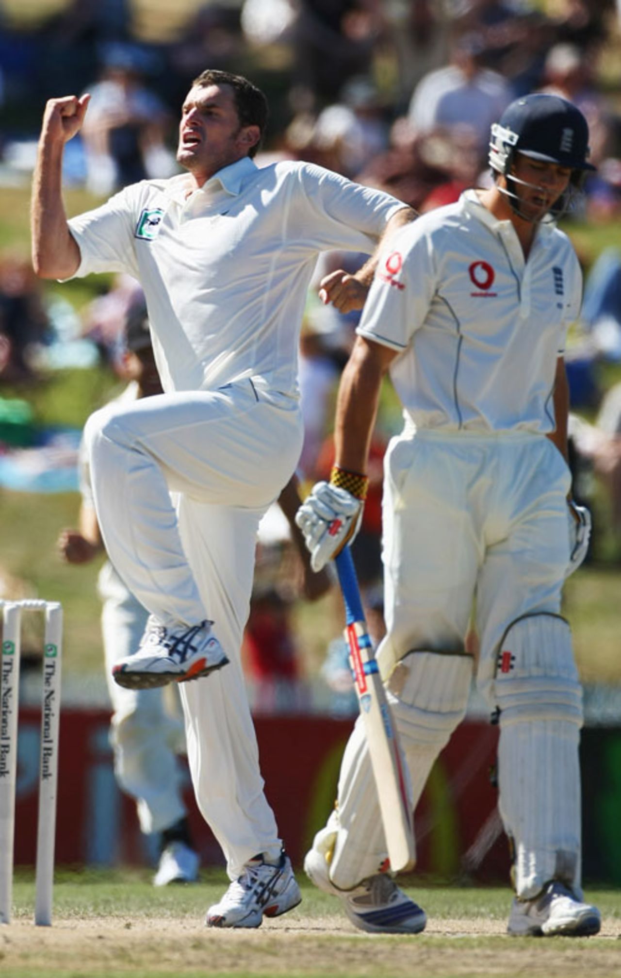 Kyle Mills celebrates the first of his four pre-lunch wickets - he took 4 for 9 as England crashed to 30 for 4 chasing 300, New Zealand v England, 1st Test, Hamilton, March 9, 2008