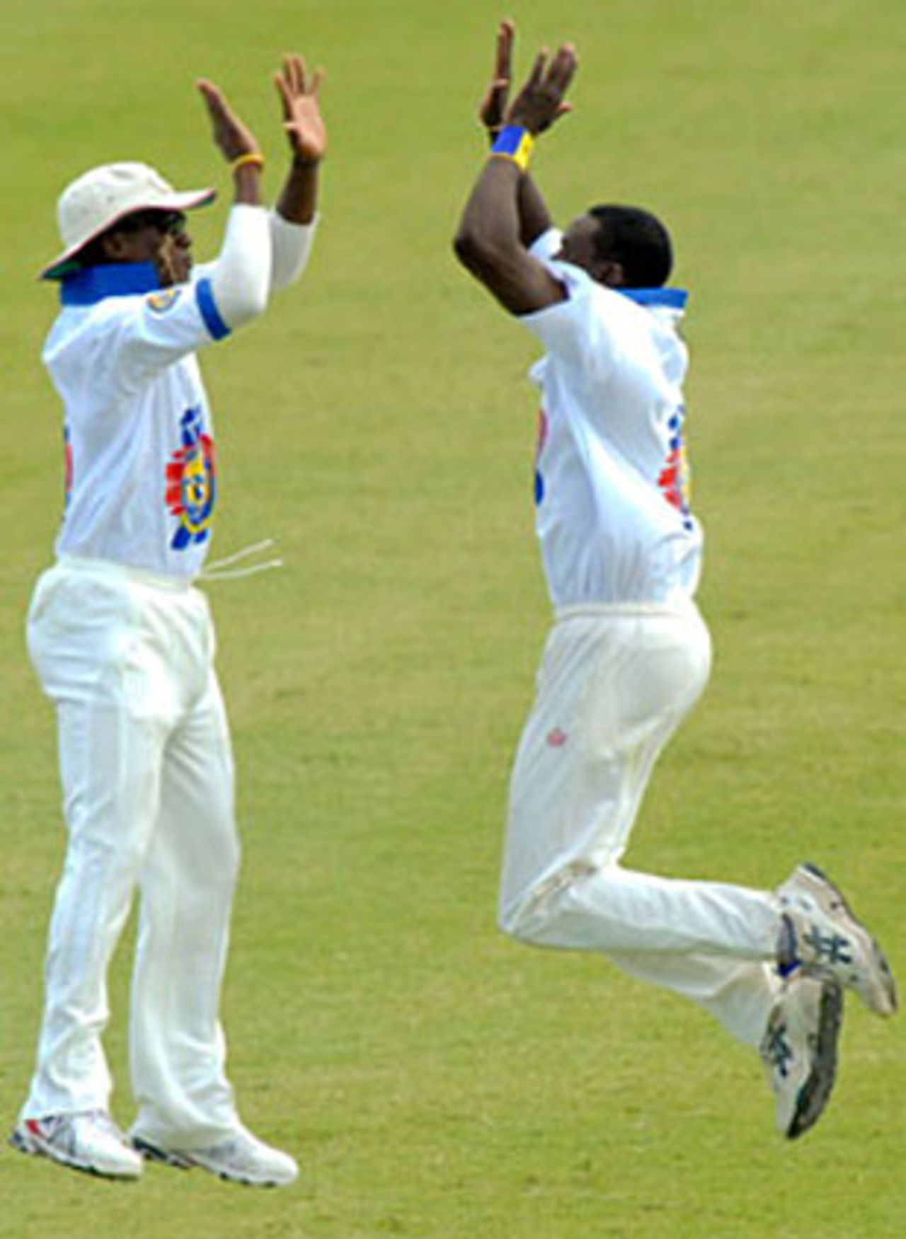 Pedro Collins celebrates another wicket with Kevin Stoute, Barbados v Jamaica, Bridgetown, Carib Beer Series, March 8, 2008