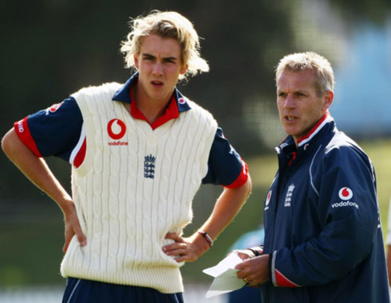Stuart Broad and Peter Moores during a net session, Wellington, March 11, 2008