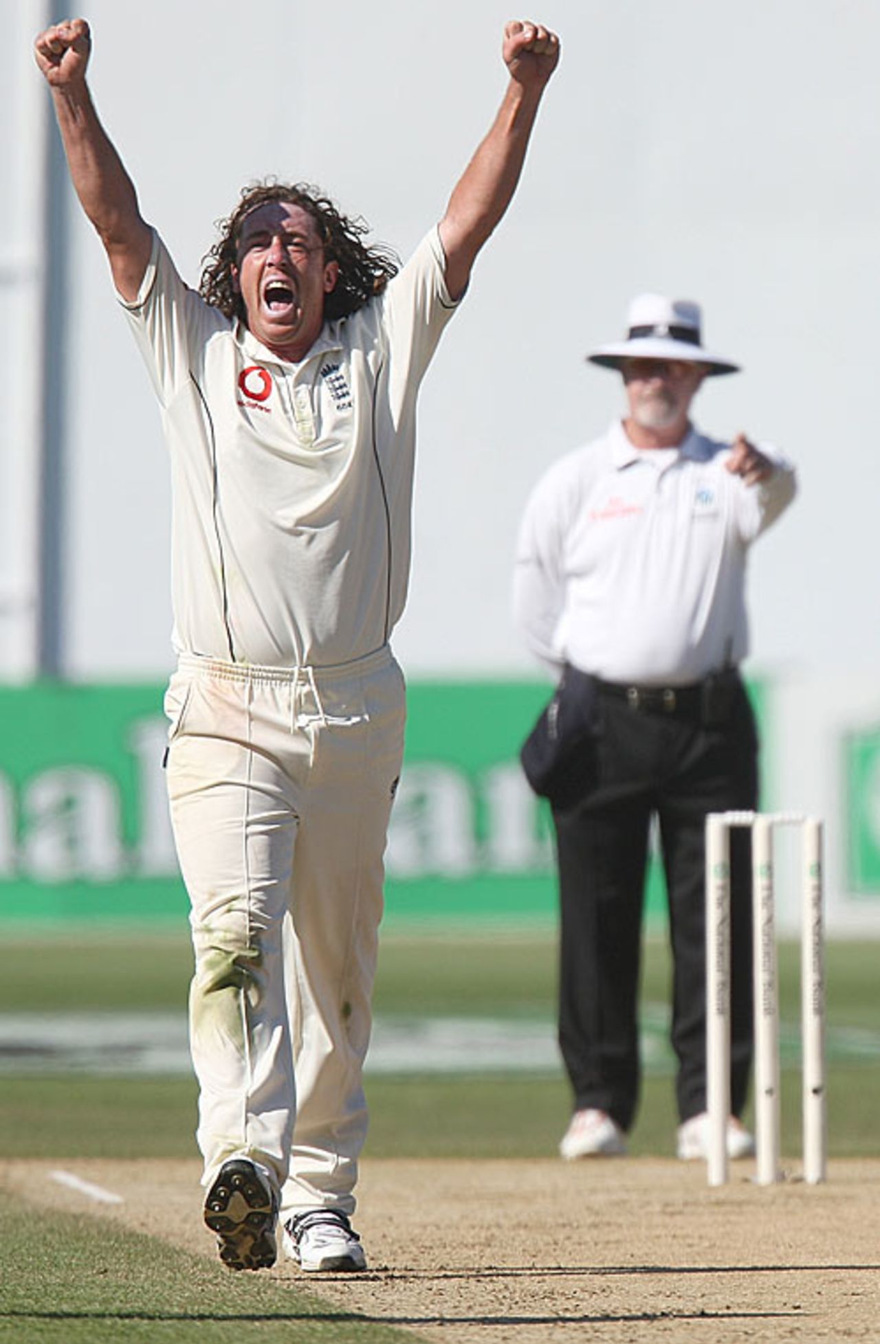 Ryan Sidebottom raises his arms after dismissing Kyle Mills, New Zealand v England, 2nd Test, Wellington, March 17, 2008