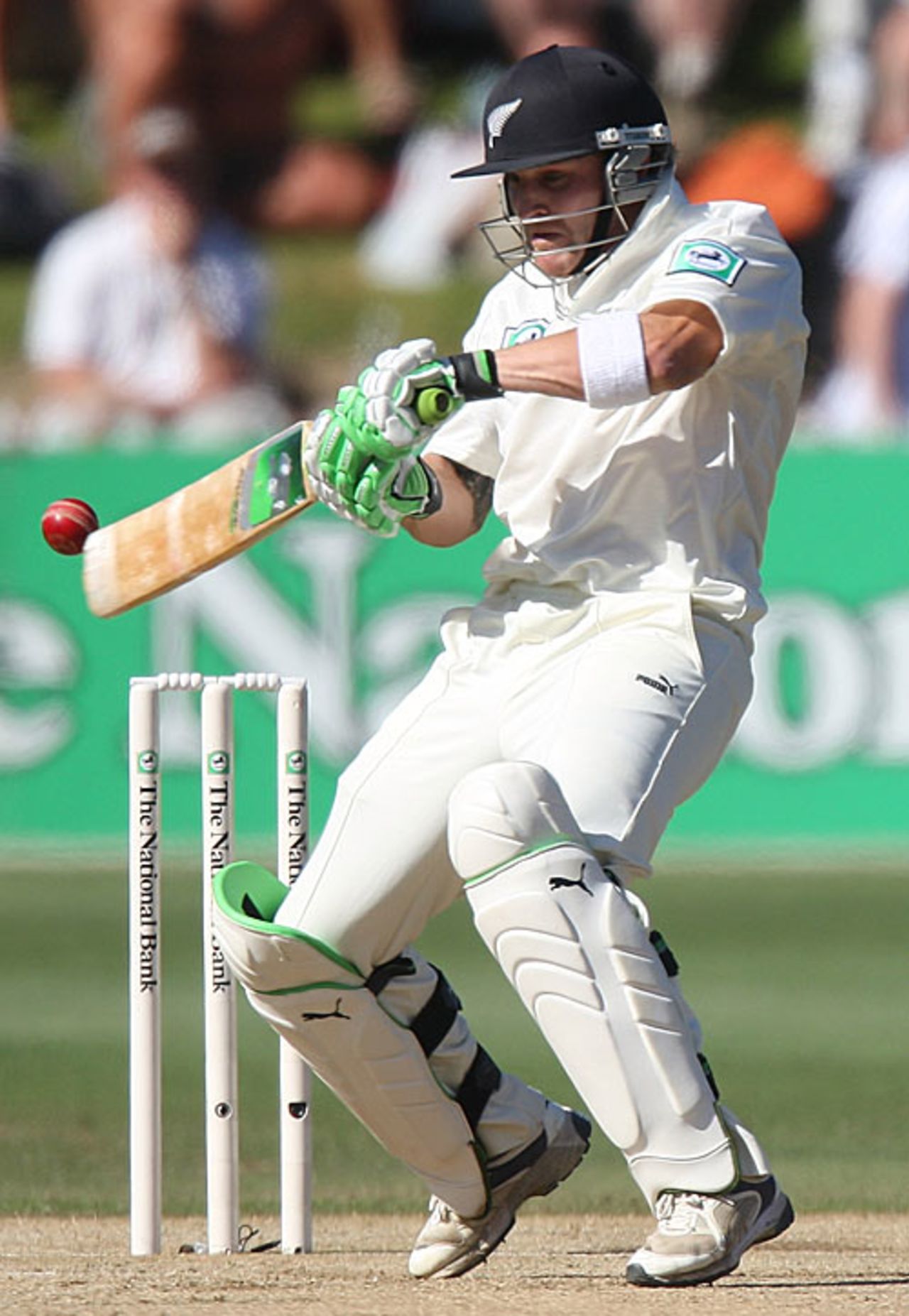 Brendon McCullum plays and misses outside his off stump, New Zealand v England, 2nd Test, Wellington, March 17, 2008
