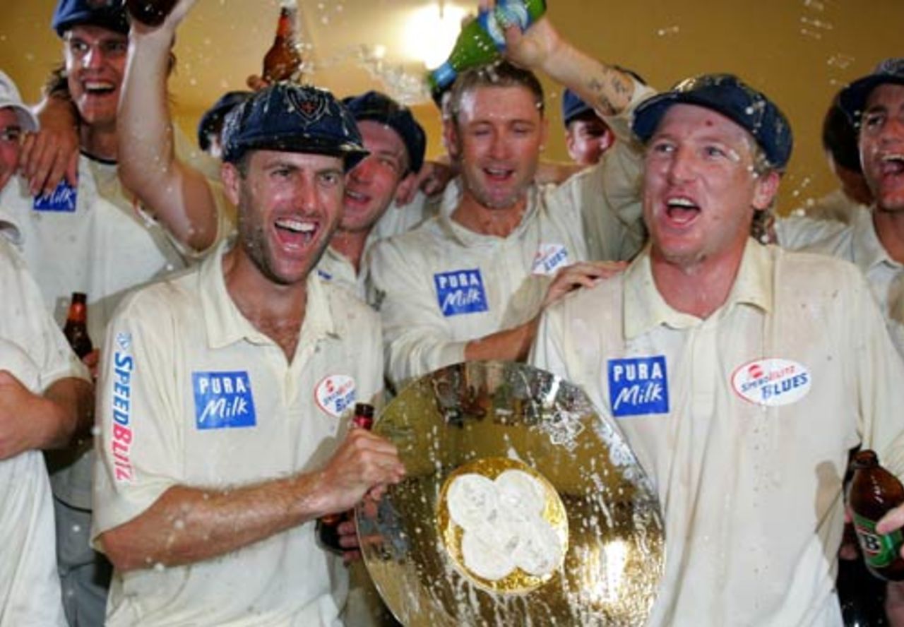 Simon Katich and Brad Haddin celebrate New South Wales' Pura Cup triumph, New South Wales v Victoria, Pura Cup final, 5th day, Sydney, March 19, 2008