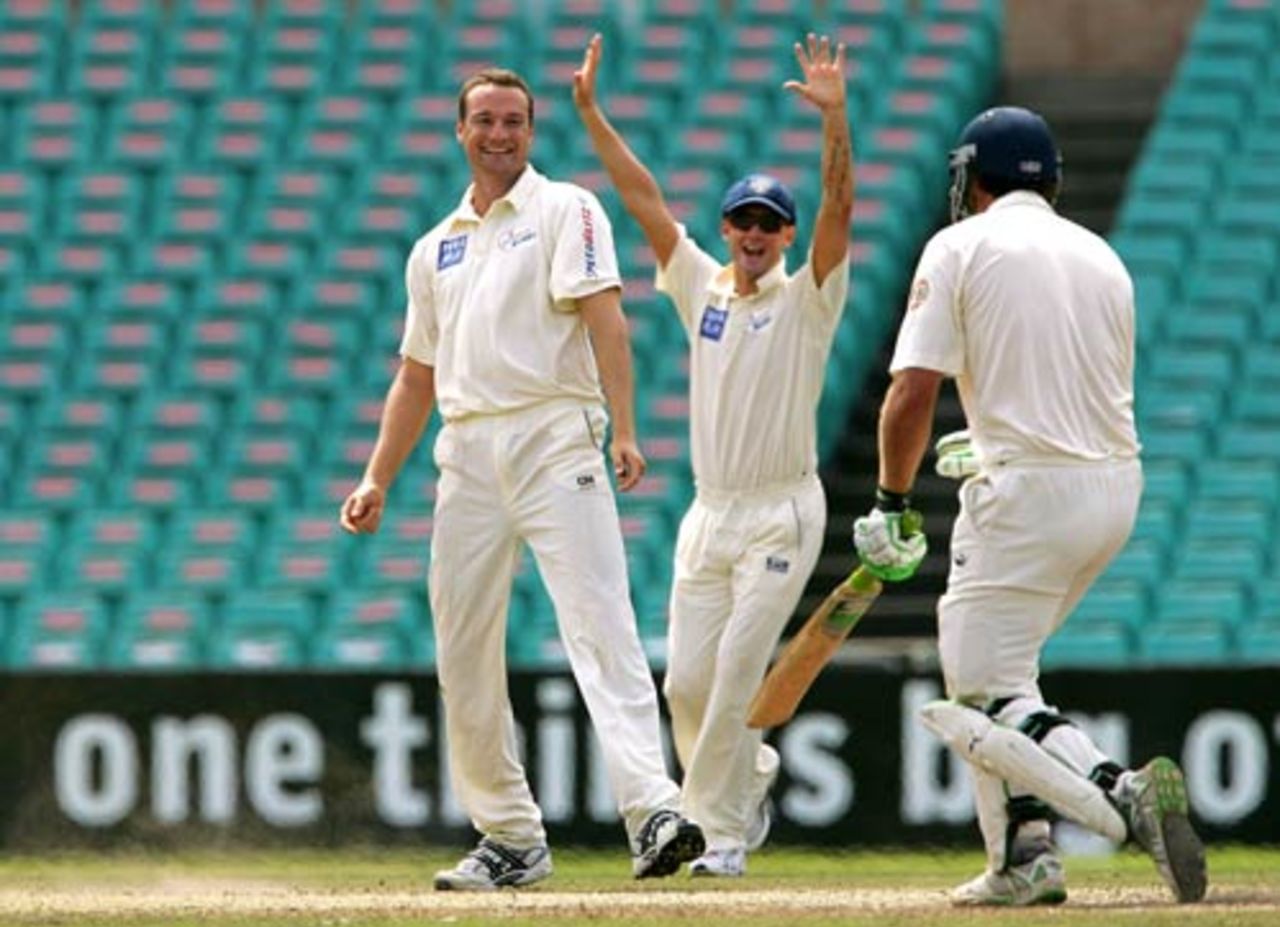Stuart Clark enjoys removing Nick Jewell for 99, New South Wales v Victoria, Pura Cup final, 5th day, Sydney, March 19, 2008
