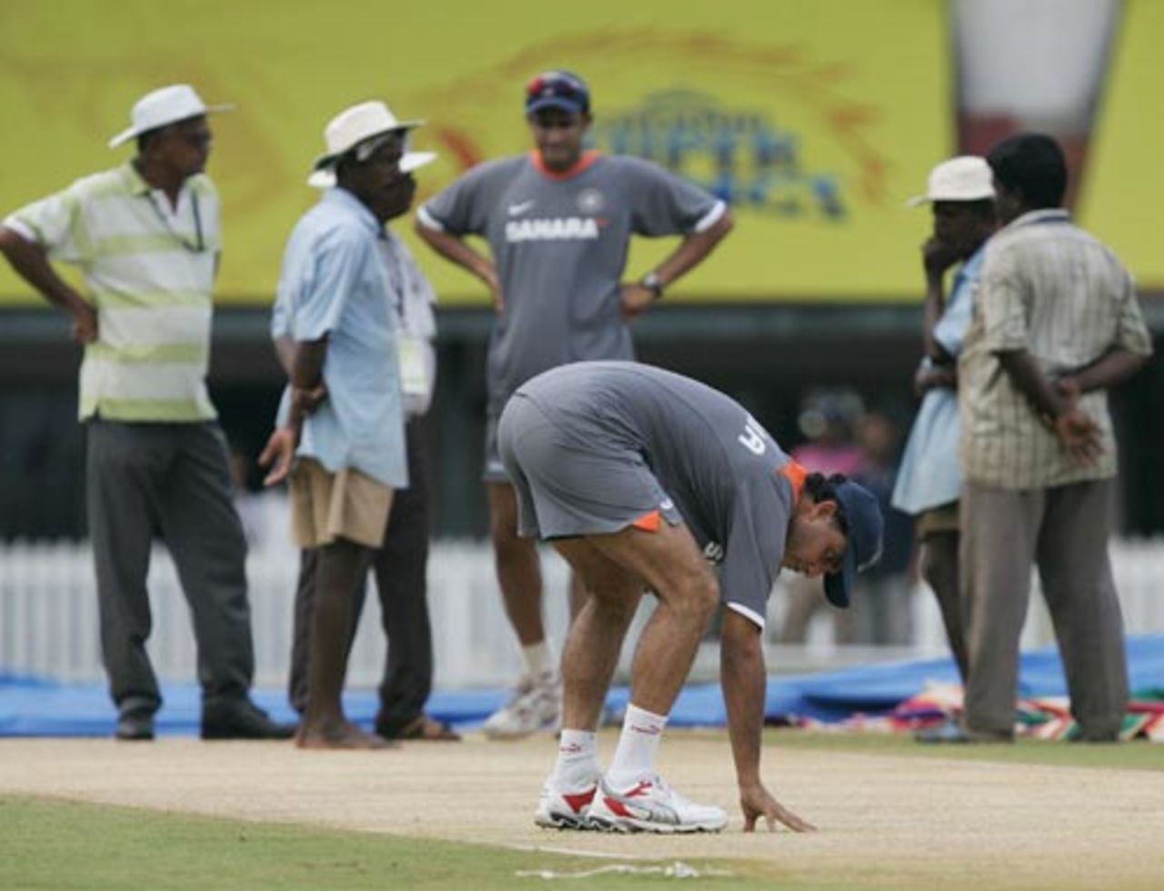 Sourav Ganguly inspects the pitch during training, Chennai, March 24, 2008