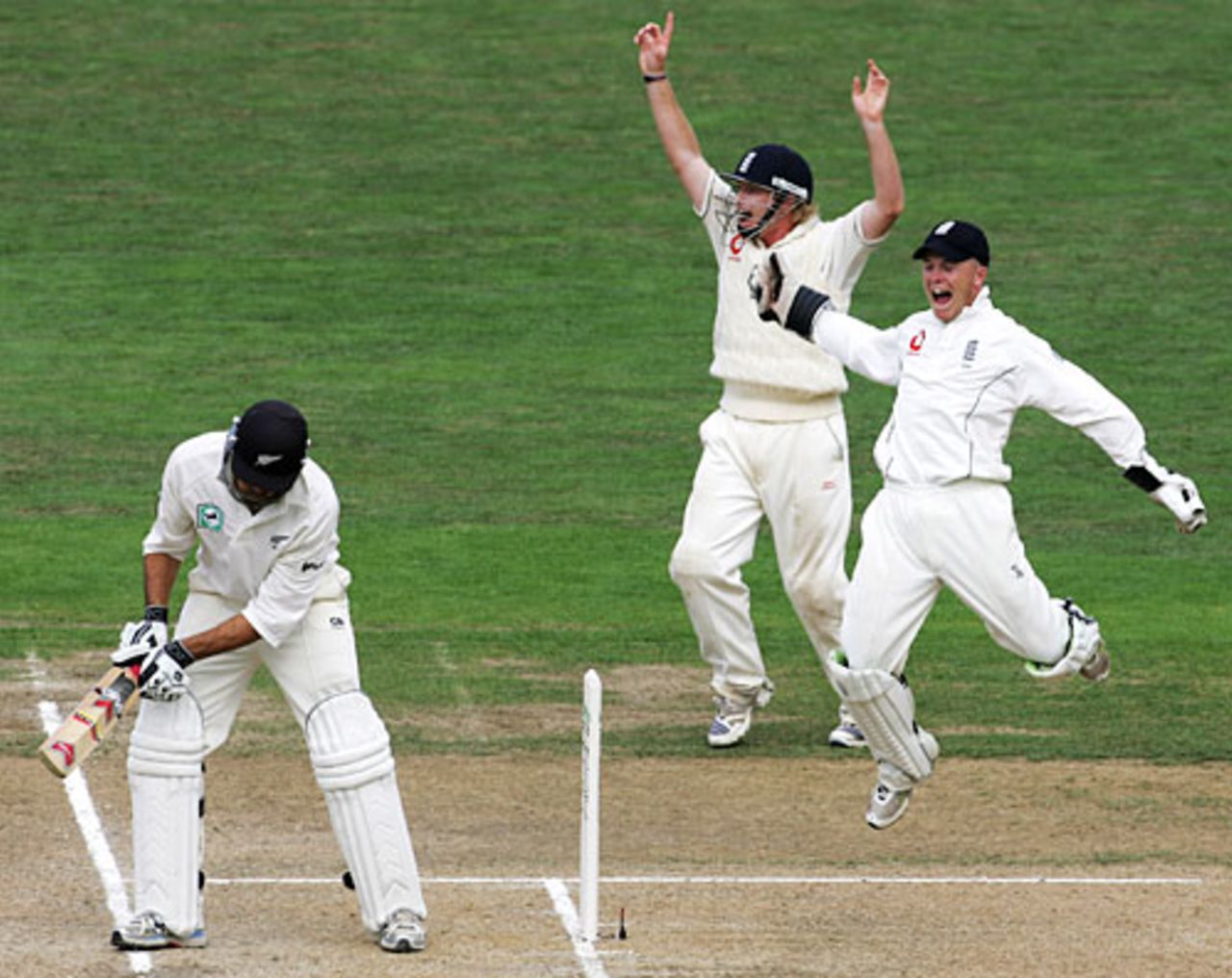 Tim Ambrose leaps in delight at ending Stephen Fleming's farewell innings, New Zealand v England, 3rd Test, Napier, March 25, 2008