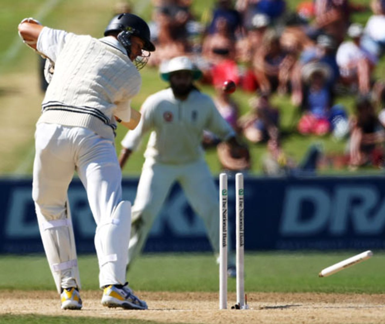 Chris Martin's off stump is sent cartwheeling, New Zealand v England, 3rd Test, Napier, March 26, 2008