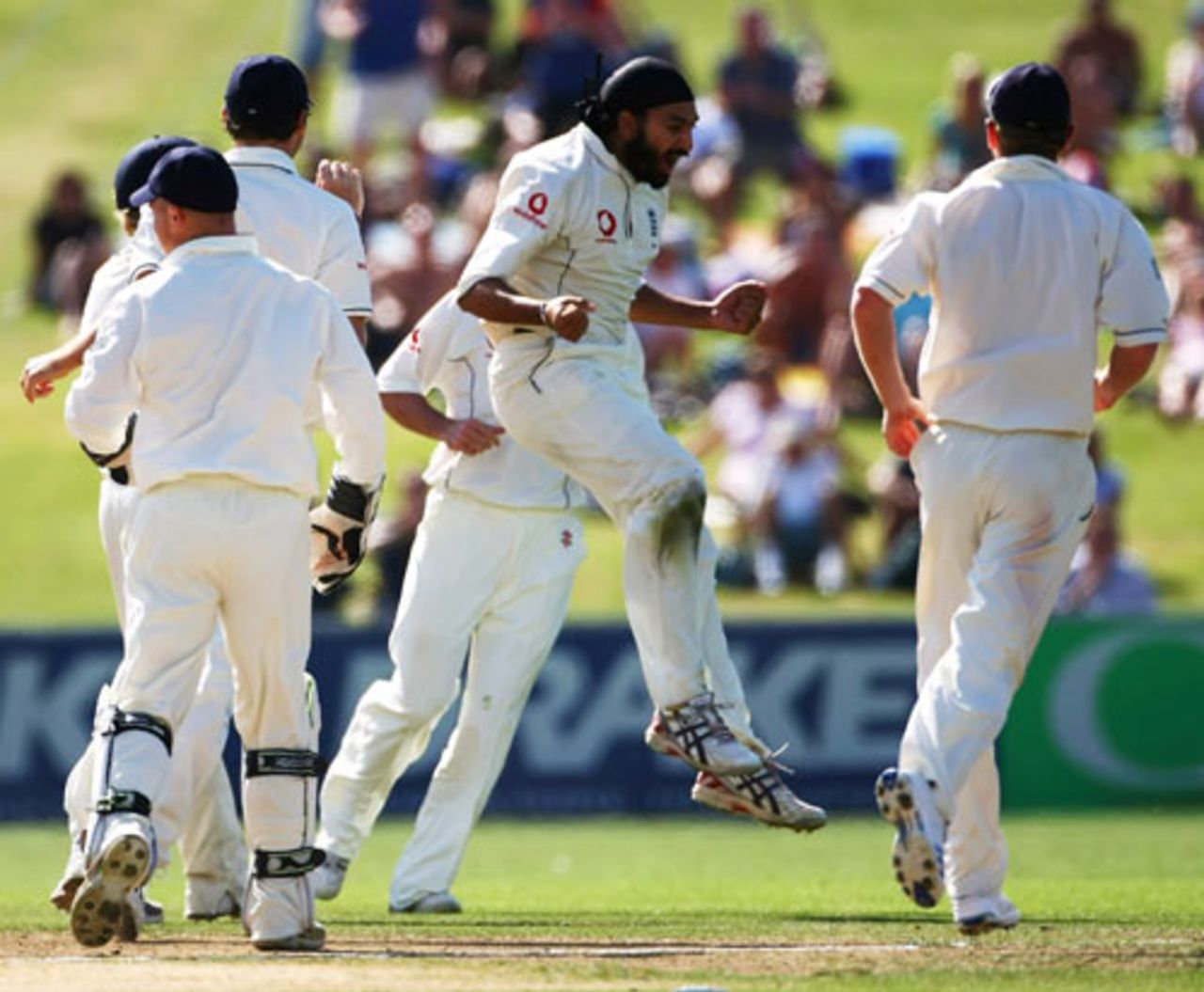 Monty Panesar is cock-a-hoop after getting a wicket, New Zealand v England, 3rd Test, Napier, March 26, 2008