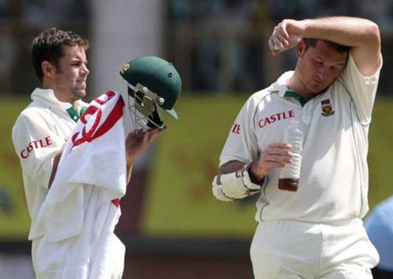 Neil McKenzie and Graeme Smith take a breather during their century stand, India v South Africa, 1st Test, Chennai, 1st day, March 26, 2008 