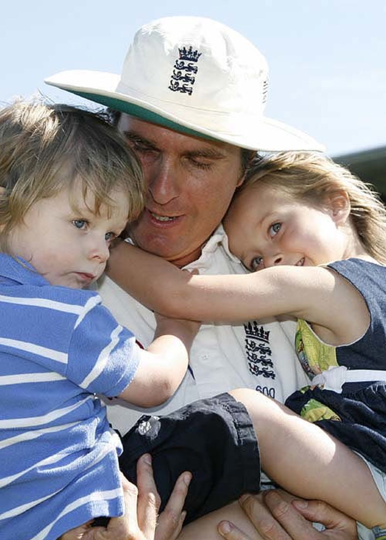 Michael Vaughan meets his children after the end of a long tour, New Zealand v England, 3rd Test, Napier, March 26, 2008