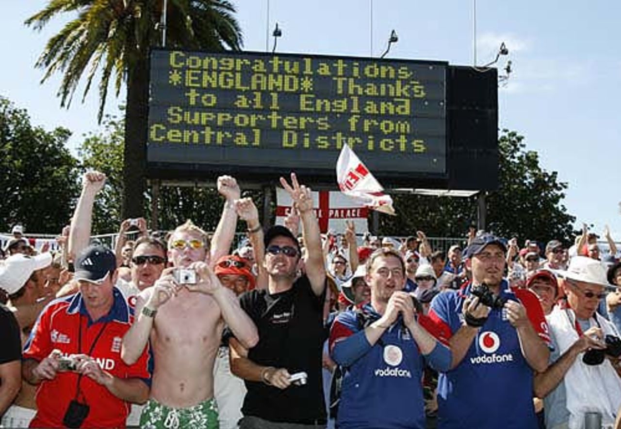 England's fans celebrate the series win, New Zealand v England, 3rd Test, Napier, March 26, 2008