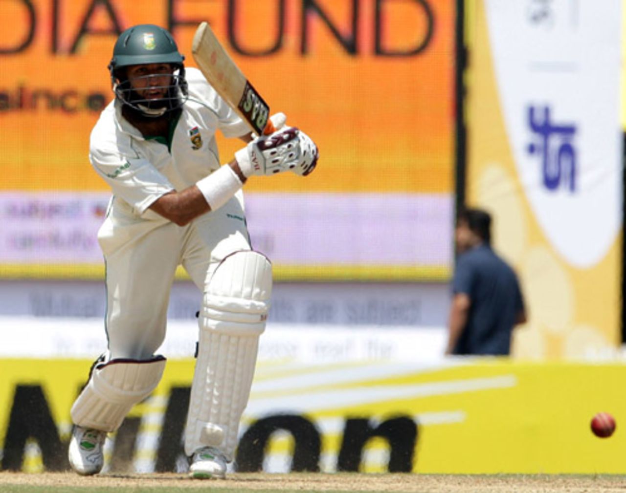 Hashim Amla plays looks on after placing one straight, India v South Africa, 1st Test, Chennai, 1st day, March 26, 2008 