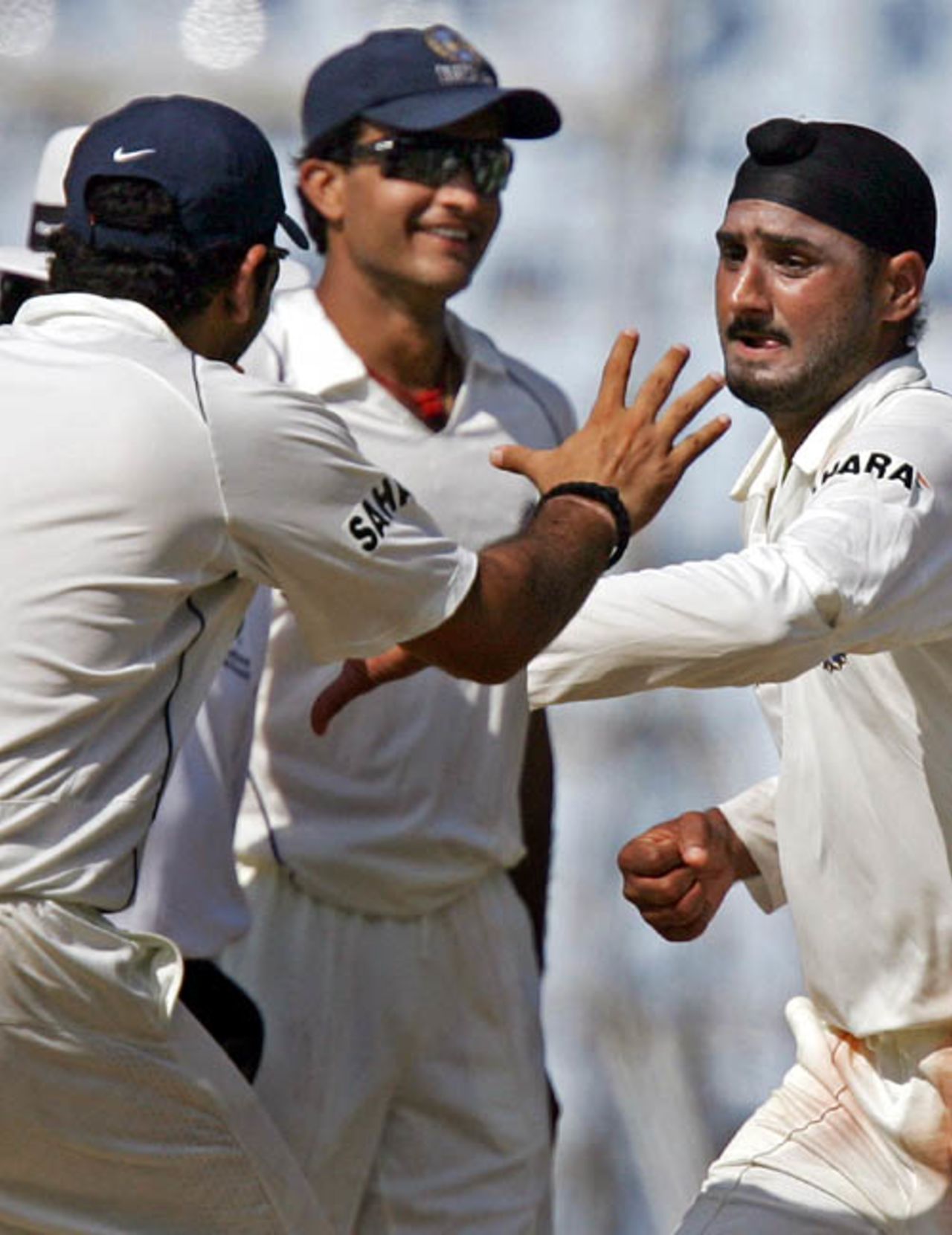 Some fun and games between Yuvraj Singh and Harbhajan Singh , India v South Africa, 1st Test, Chennai, 1st day, March 26, 2008