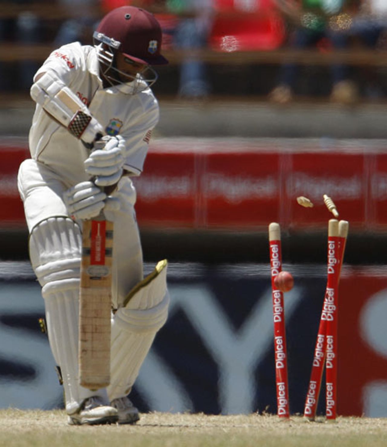 Shivnarine Chanderpaul sees his middle stump pegged back, West Indies v Sri Lanka, 1st Test, Guyana, 5th day, March 26, 2008