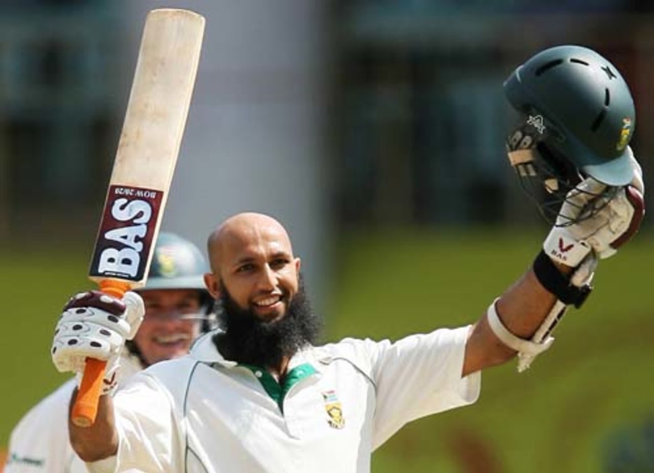 Hashim Amla is delighted after scoring his first hundred against a team other than New Zealand, India v South Africa, 1st Test, Chennai, 2nd day, March 27, 2008 