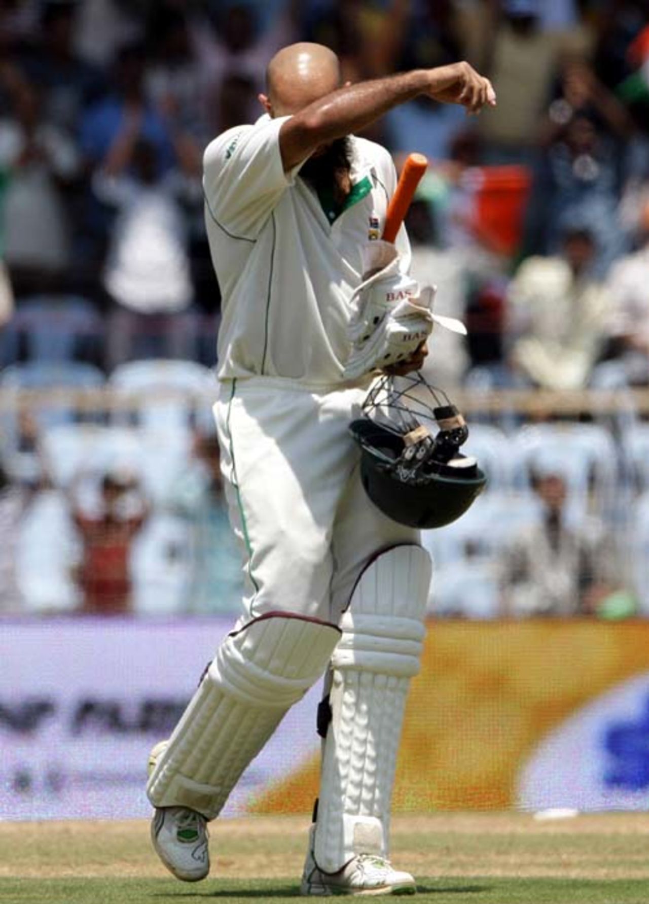 An exhausted Hashim Amla heads back after he was run out on 159, India v South Africa, 1st Test, Chennai, 2nd day, March 27, 2008