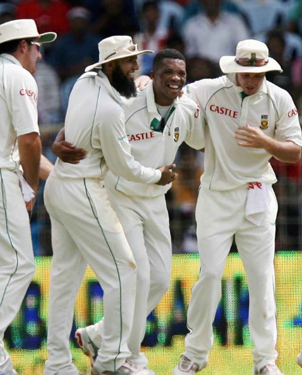 Makhaya Ntini celebrates with his team-mates after dismissing Sachin Tendulkar , India v South Africa, 1st Test, Chennai, 4th day, March 29, 2008