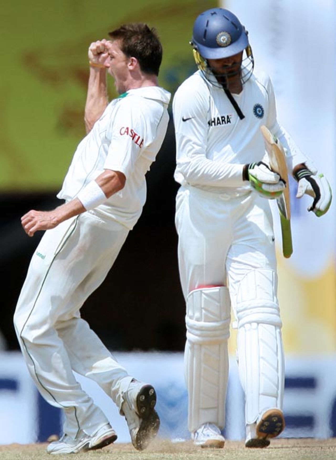 Dale Steyn exults after cleaning up Harbhajan Singh for a duck, India v South Africa, 1st Test, Chennai, 4th day, March 29, 2008 