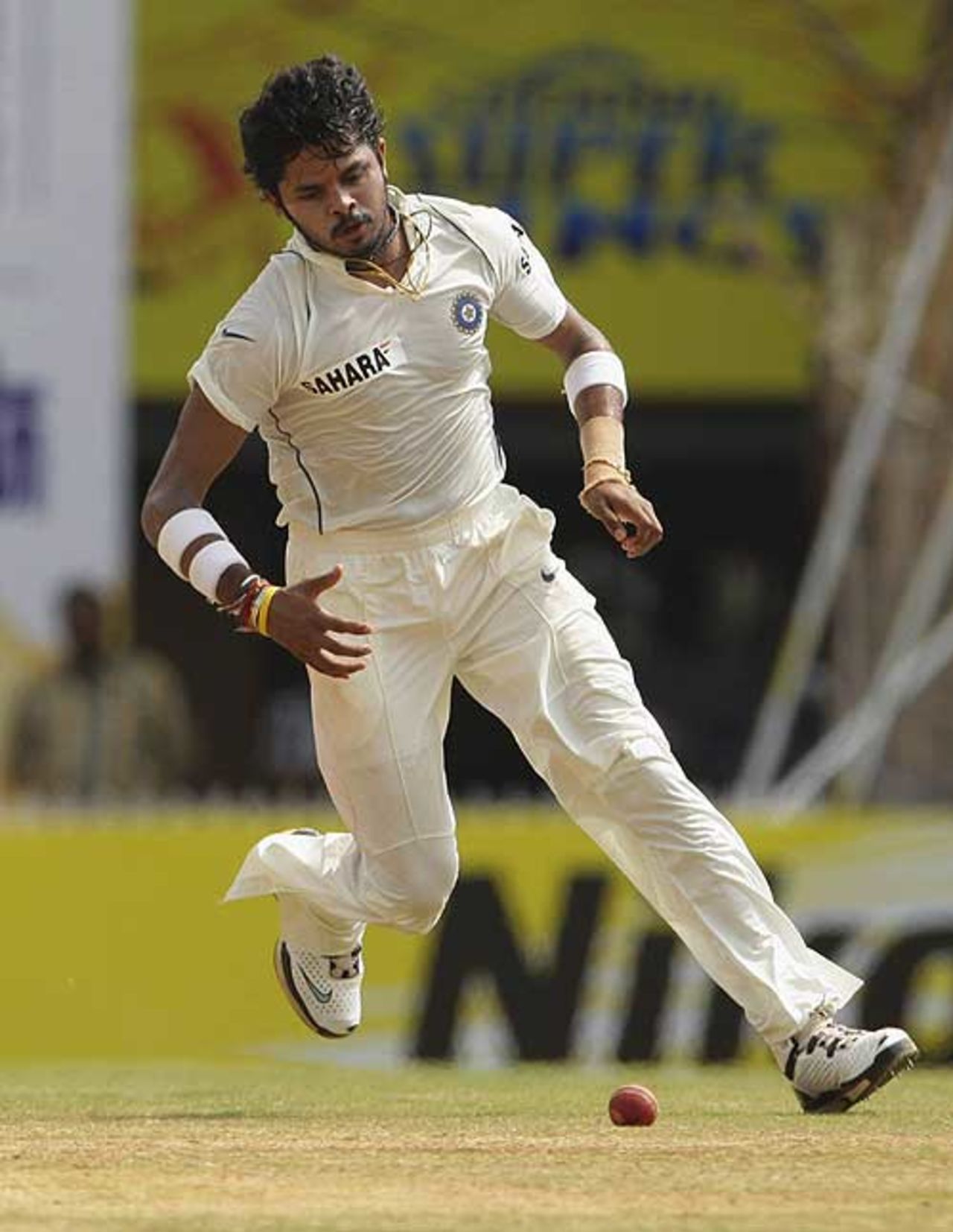 Sreesanth moves to field off his own bowling, India v South Africa, 1st Test, Chennai, 5th day, March 30, 2008 