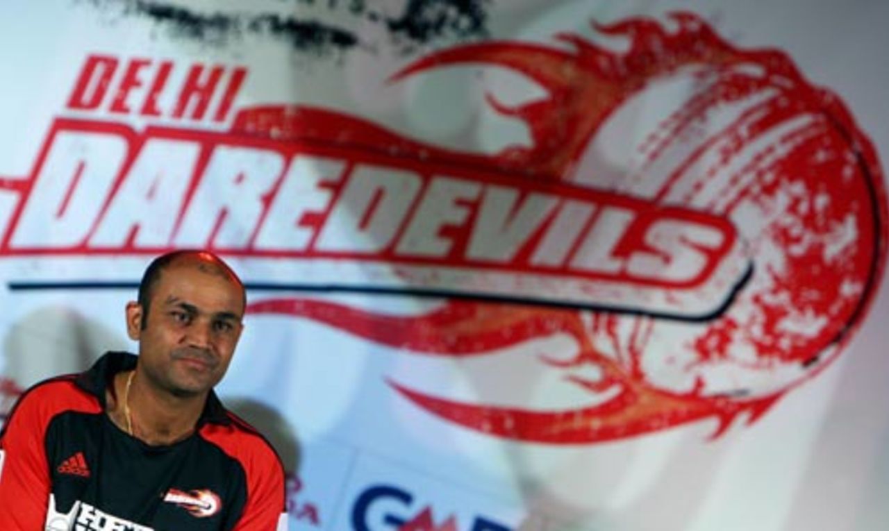 Virender Sehwag at a press meet organised by the Delhi Daredevils, New Delhi, March 31, 2008 
