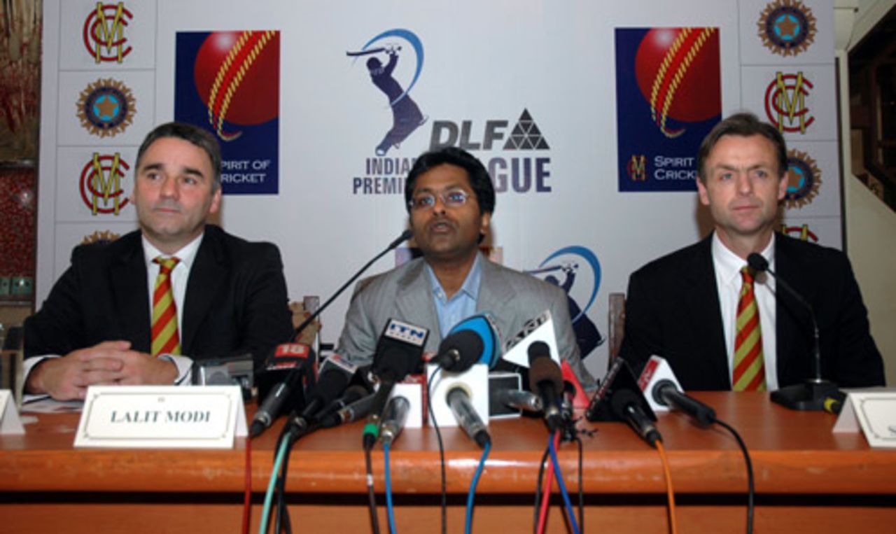 MCC secretary and chief executive Keith Bradshaw, IPL commissioner Lalit Modi and MCC head of cricket John Stephenson announce the signing of the MCC Spirit of Cricket declaration, Mumbai, April 2, 2008