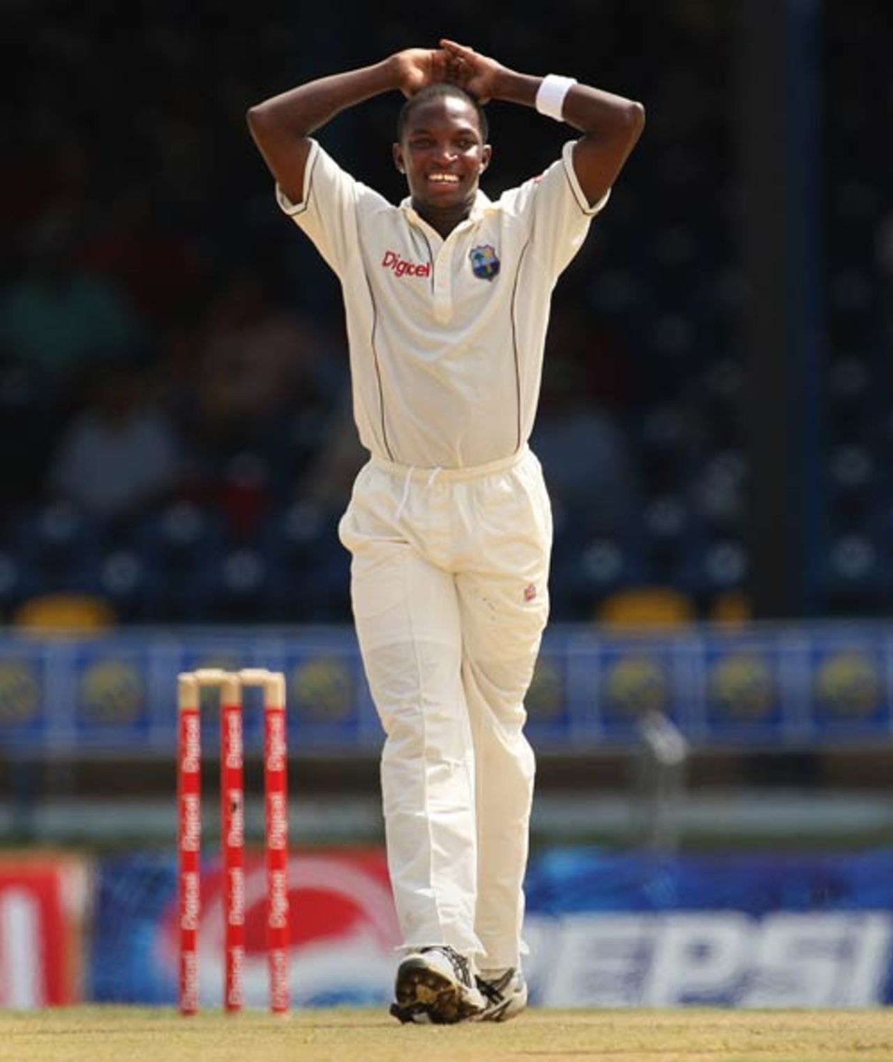 Fidel Edwards watches as a ball sails to the boundary, West Indies v Sri Lanka, 2nd Test, Trinidad, 1st day, April 3, 2008