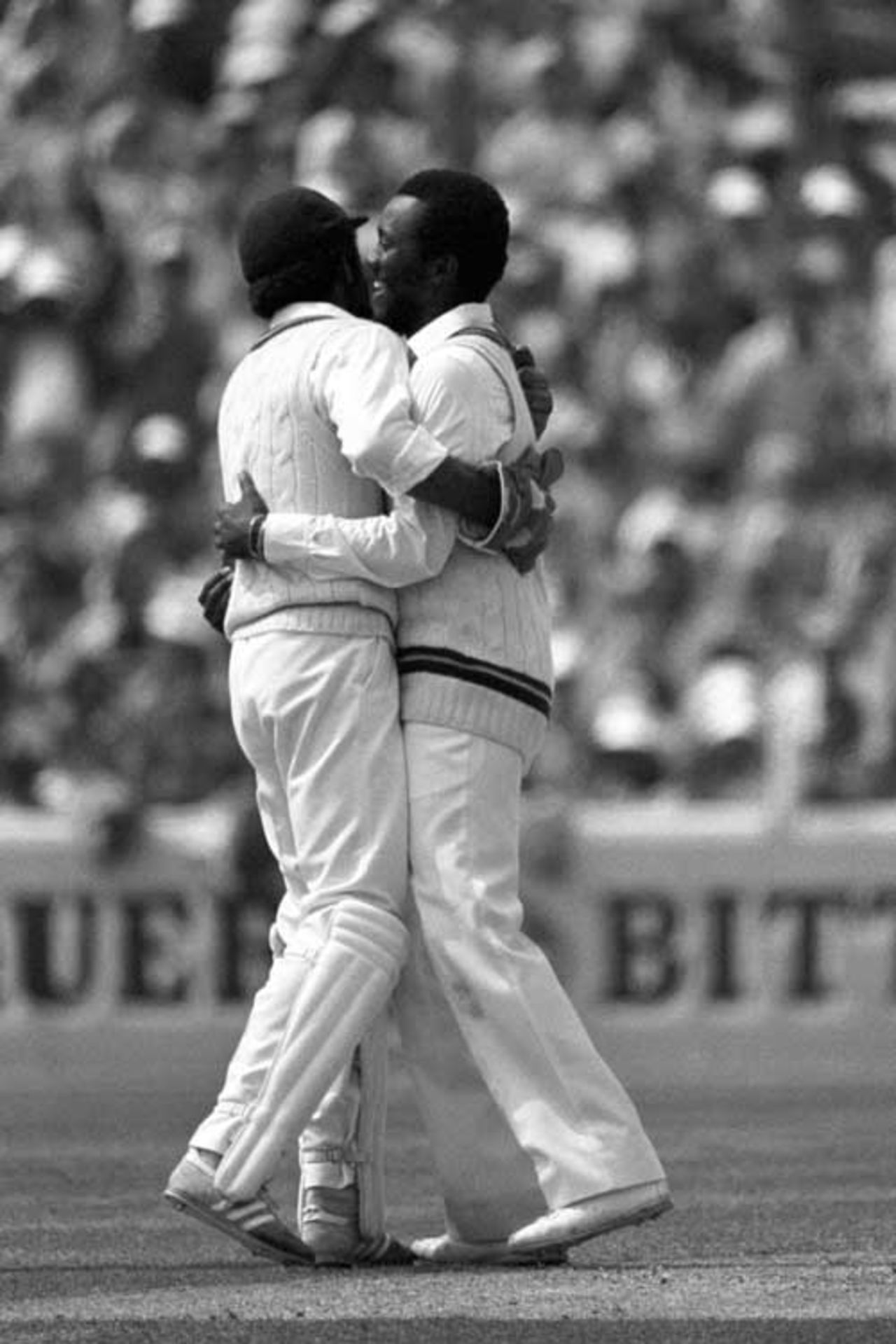 West Indies' Malcolm Marshall (r) celebrates with Jeff Dujon after taking the wicket of Pakistan's Wasim Raja (not in pic), West Indies v Pakistan, The Oval, World Cup semi-final, 1983