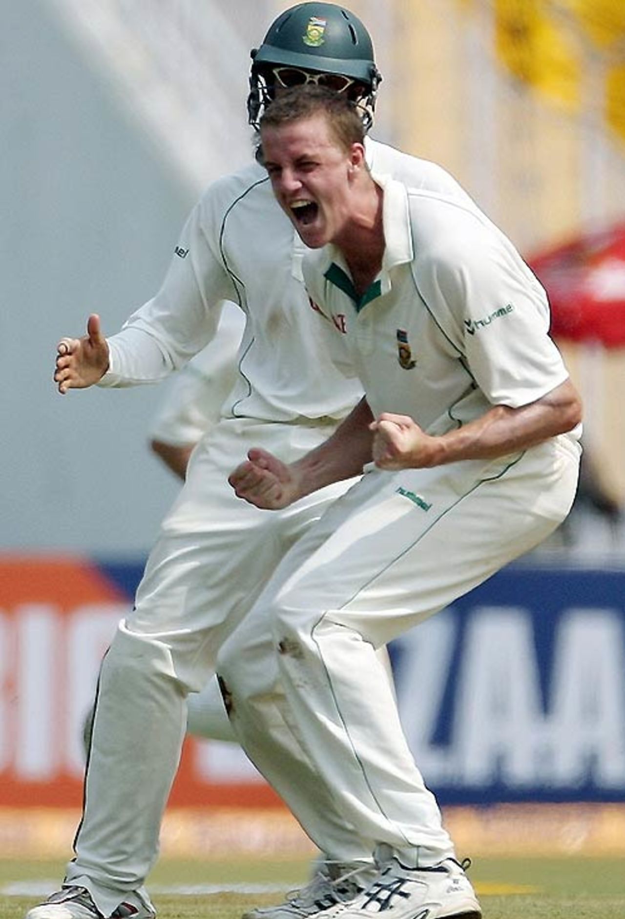Morne Morkel is ecstatic after inducing an edge off Rahul Dravid, India v South Africa, 2nd Test, Ahmedabad, 3rd day, April 5, 2008