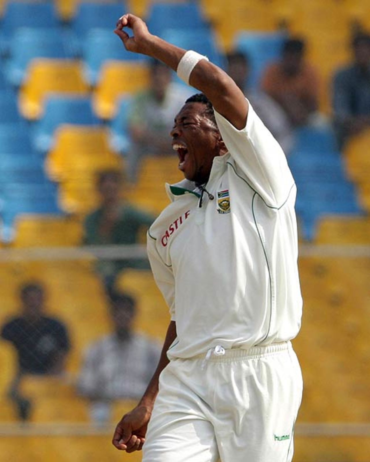 Makhaya Ntini is cock-a-hoop after trapping Virender Sehwag lbw, India v South Africa, 2nd Test, Ahmedabad, 3rd day, April 5, 2008