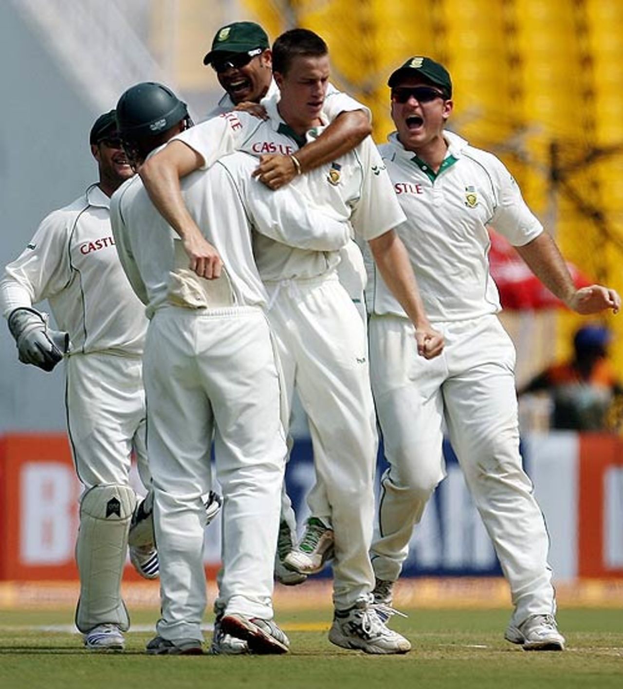 Morne Morkel is mobbed after dismissing Rahul Dravid, India v South Africa, 2nd Test, Ahmedabad, 3rd day, April 5, 2008