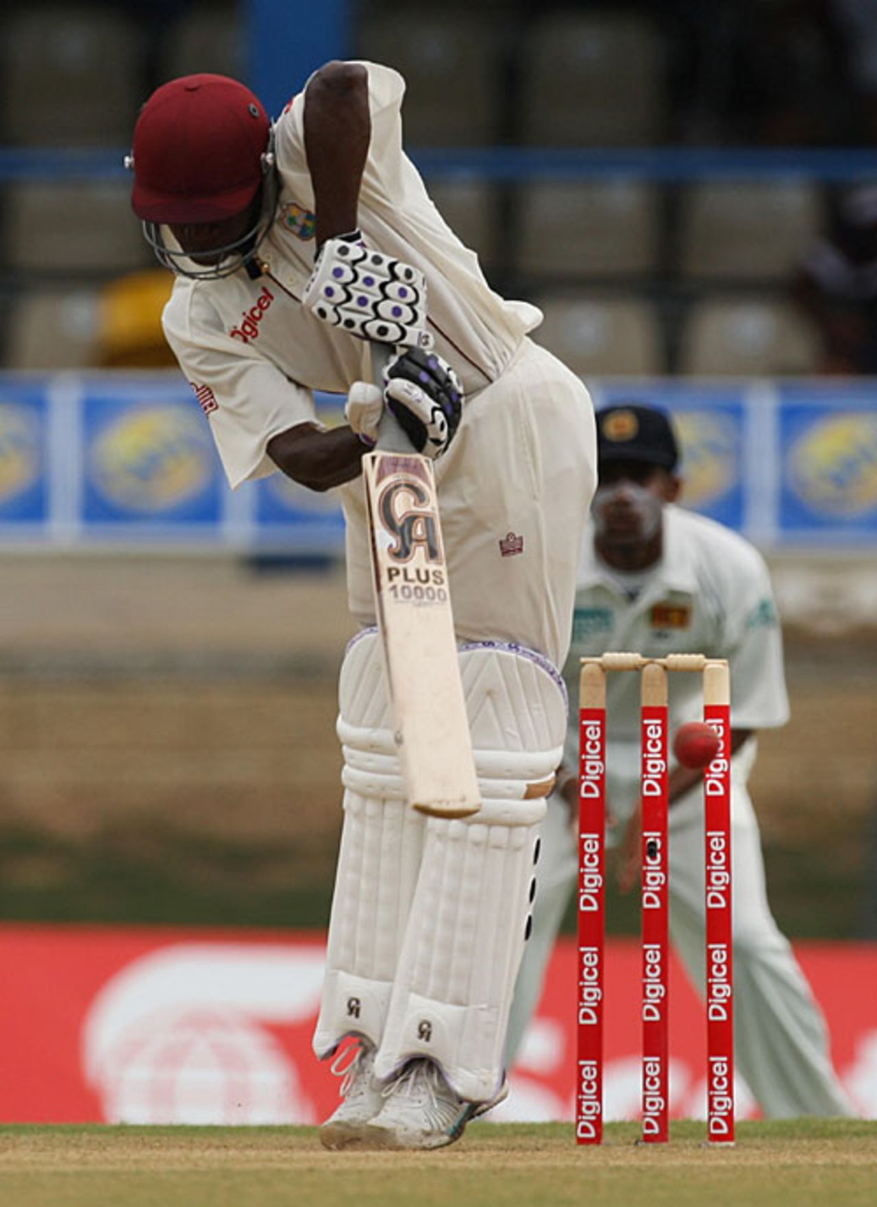 Jerome Taylor tries to defend off the back foot, West Indies v Sri Lanka, 2nd Test, Trinidad, 3rd day, April 5, 2008
