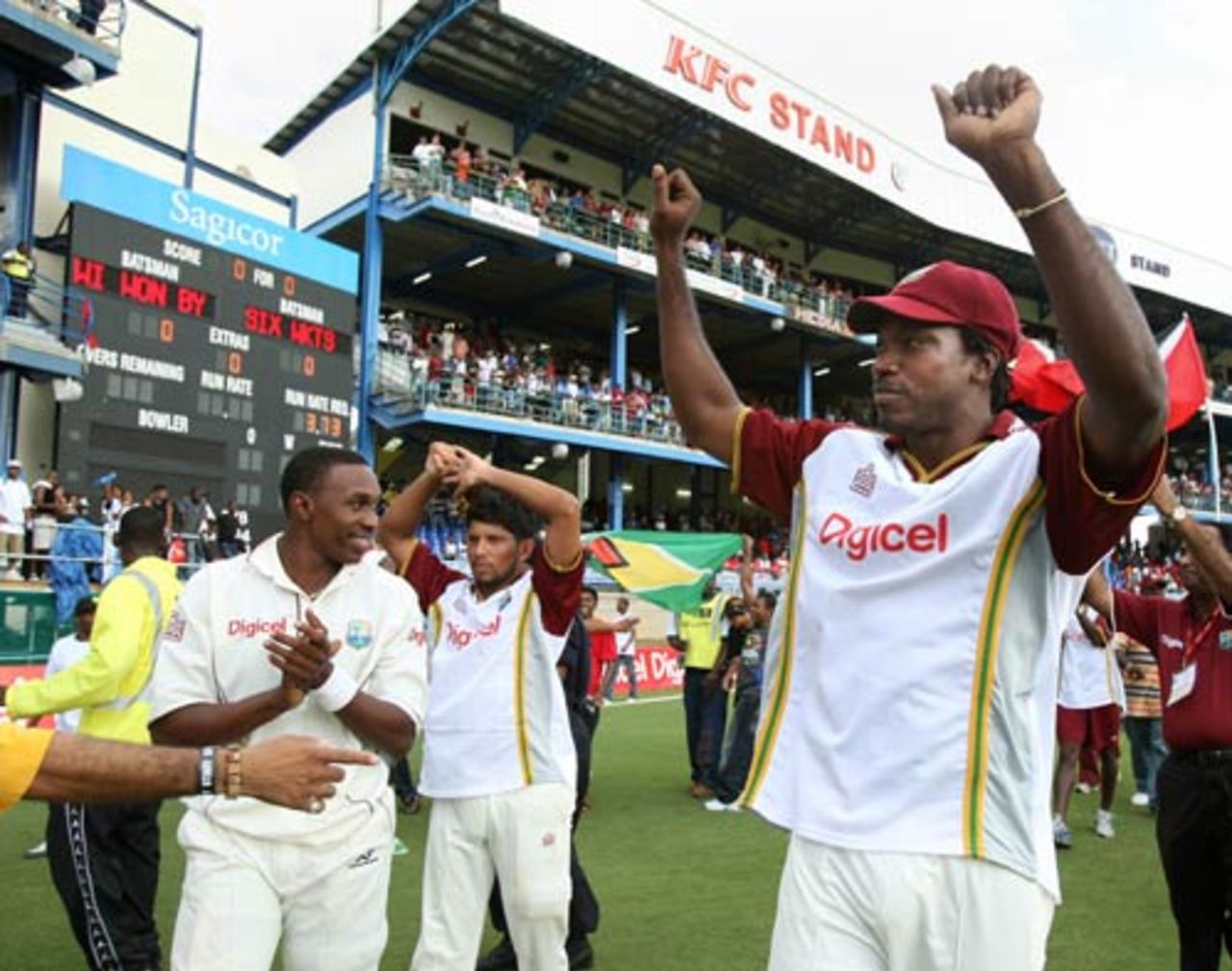 The captain Chris Gayle leads West Indies' celebrations after levelling the series,  West Indies v Sri Lanka, 2nd Test, Trinidad, 4th day, April 6, 2008 