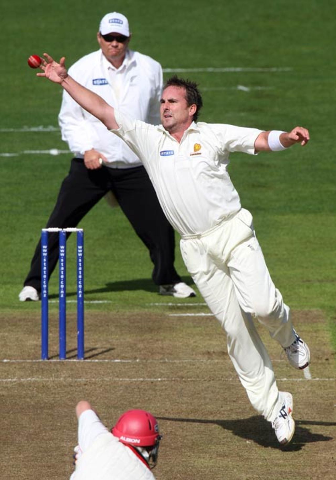 Mark Gillespie fields off his own bowling, Wellington v Canterbury, State Championship final, Wellington, April 7, 2008