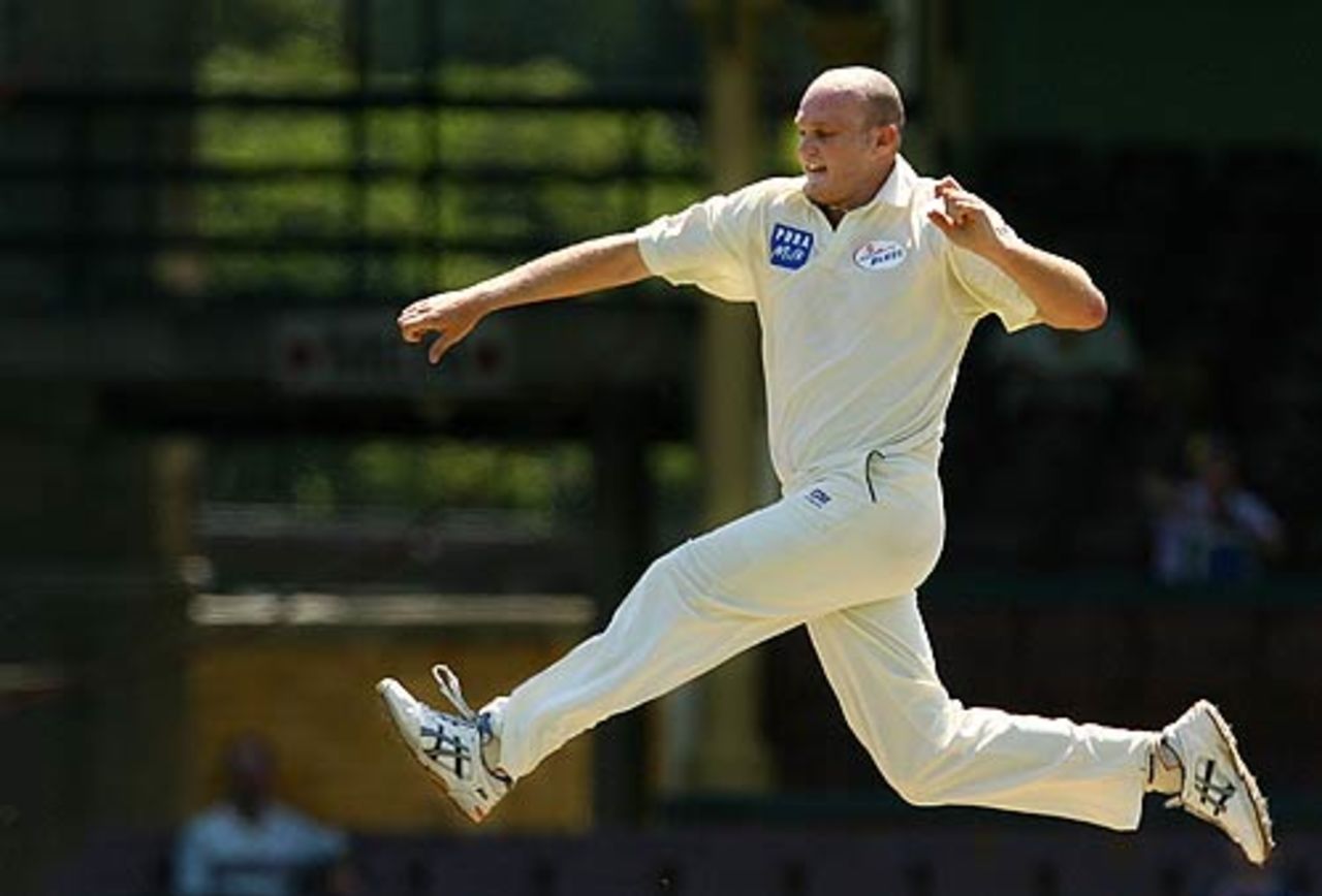Doug Bollinger jumps for joy after grabbing three wickets in seven balls, New South Wales v Tasmania, Pura Cup, Sydney, November 21, 2007