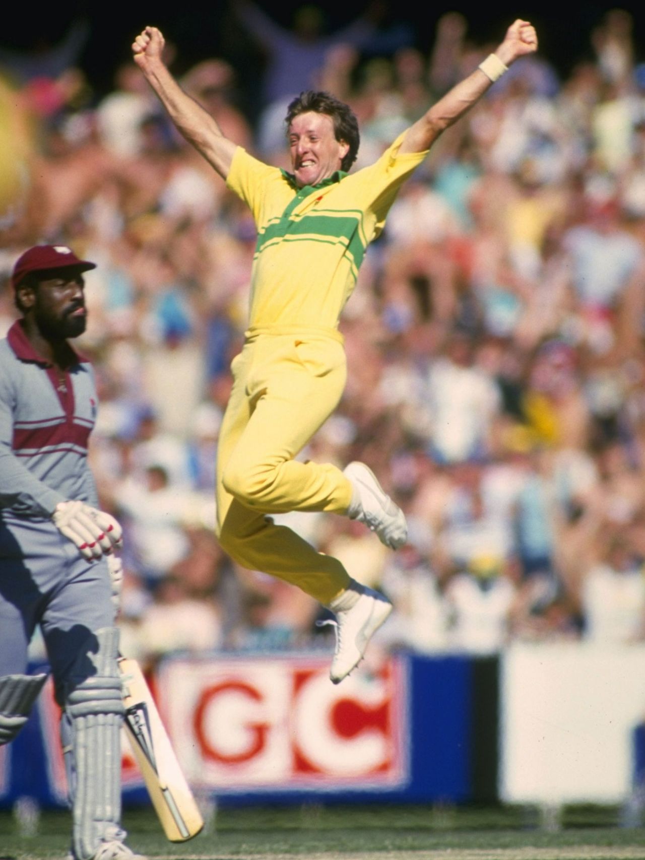 Geoff Lawson of Australia jumps for joy in the air after taking the wicket of Viv Richards, Australia v West Indies, second final, B&H Series