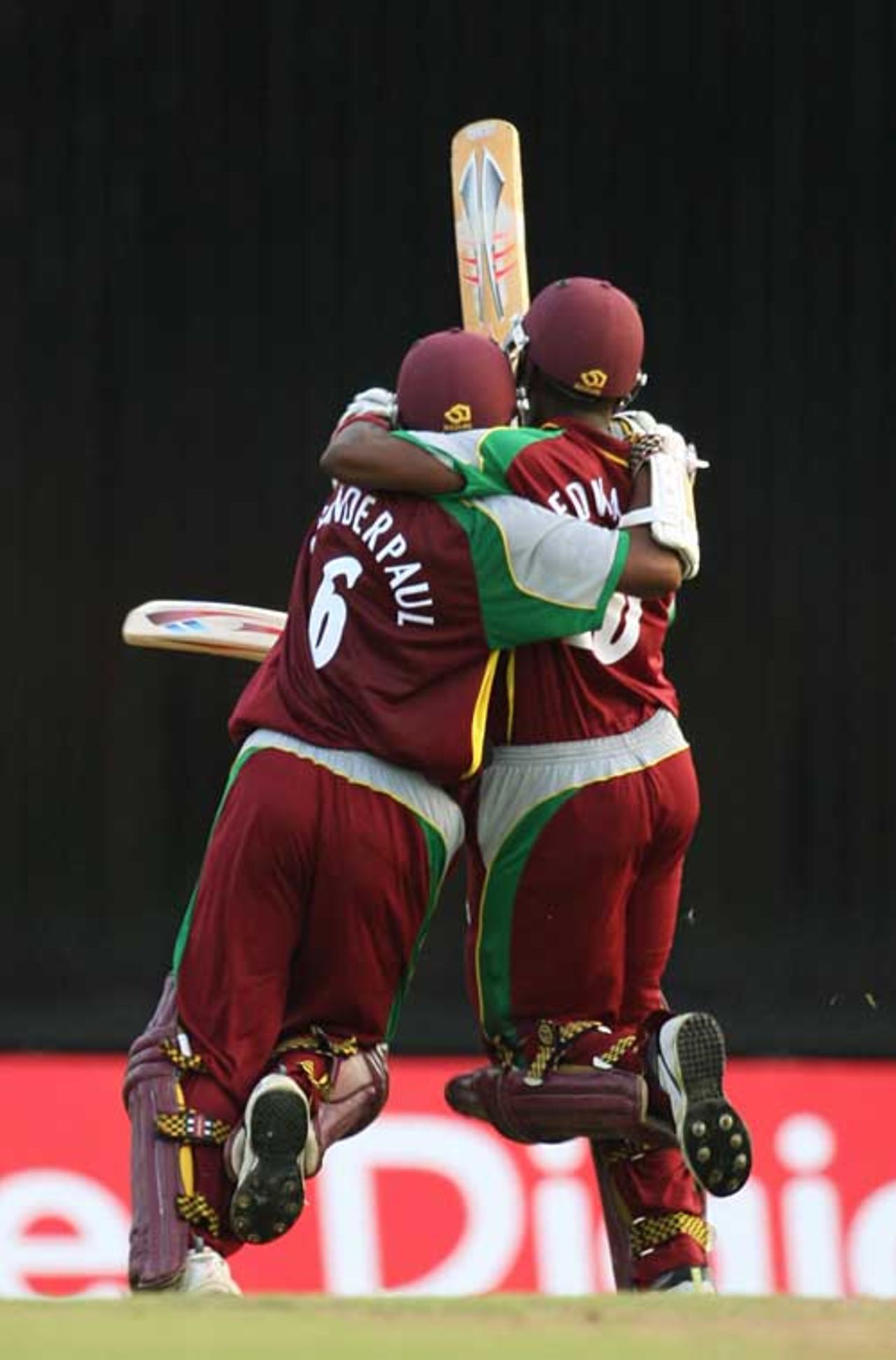 Shivnarine Chanderpaul and Fidel Edwards run off after West Indies' one-wicket win, West Indies v Sri Lanka, 1st ODI, Trinidad, April 10, 2008