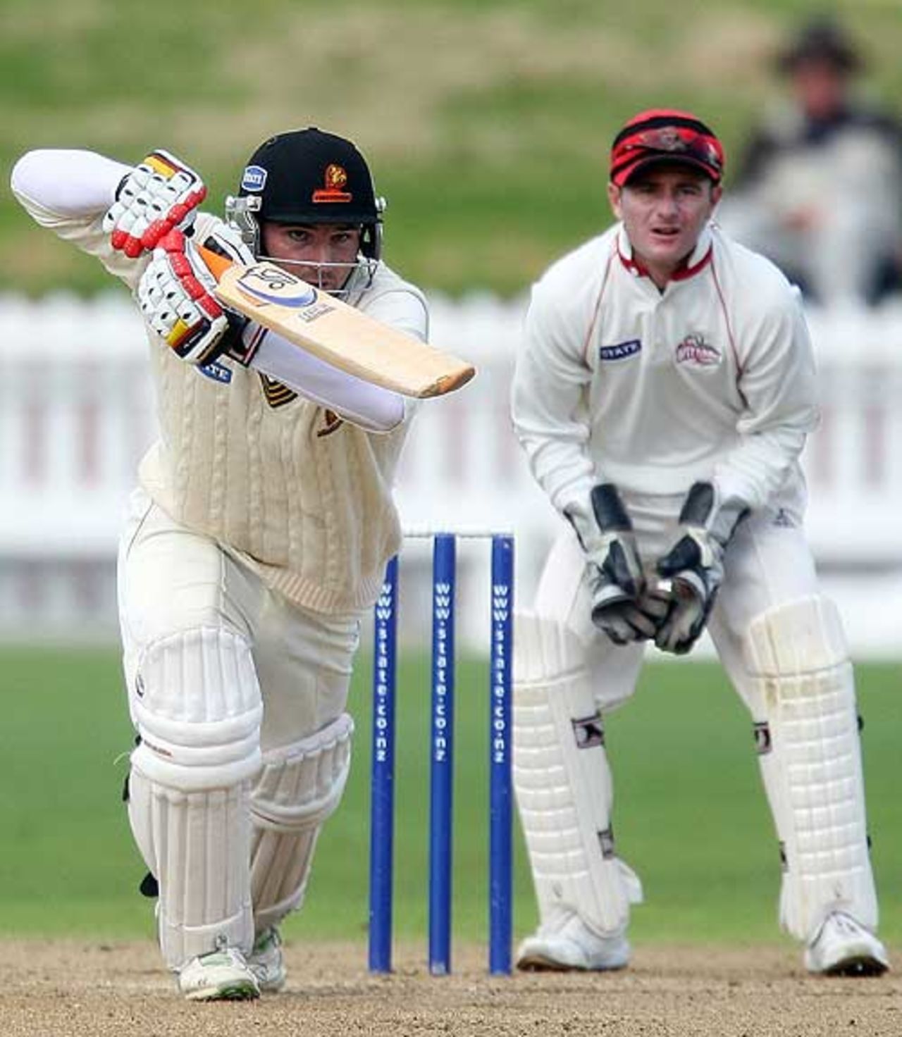 Luke Woodcock drives during his second-innings 65, Wellington v Canterbury, State Championship final, 5th day, Wellington, April 11, 2008
