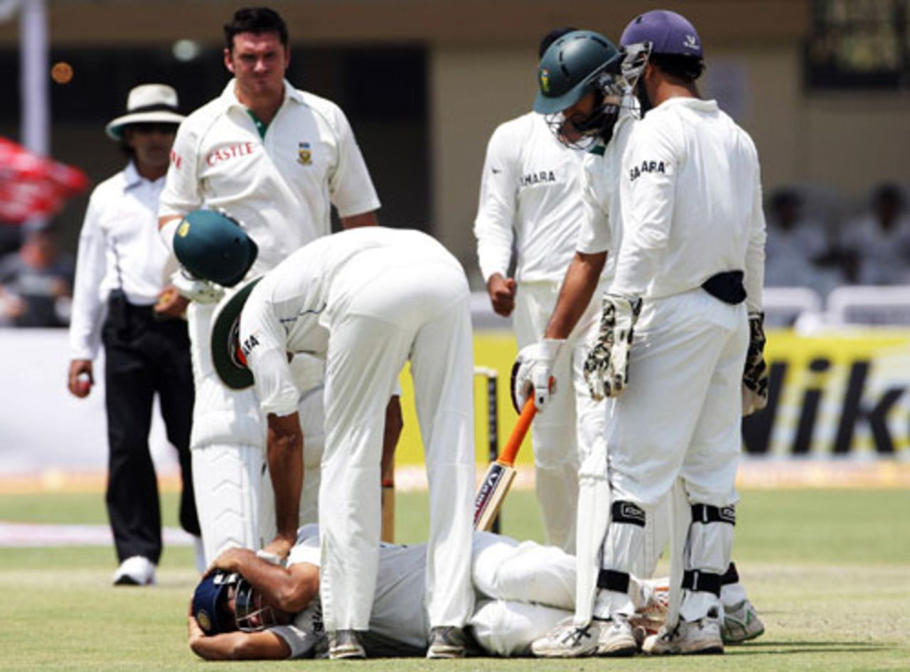Sourav Ganguly in pain after being struck behind his helmet, India v South Africa, 3rd Test, Kanpur, 1st day, April 11, 2008