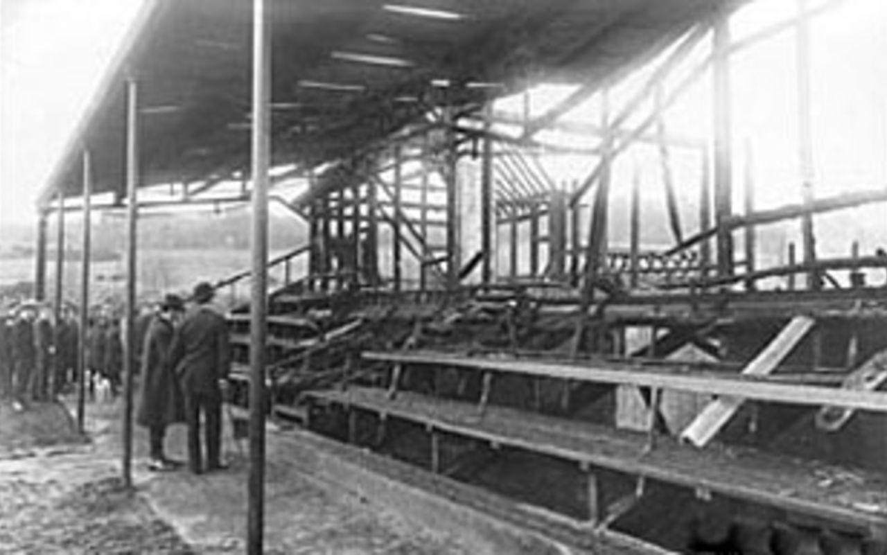 The charred remains of the Tunbridge Wells pavilion after an arson attack by suffragettes, April 12, 1913