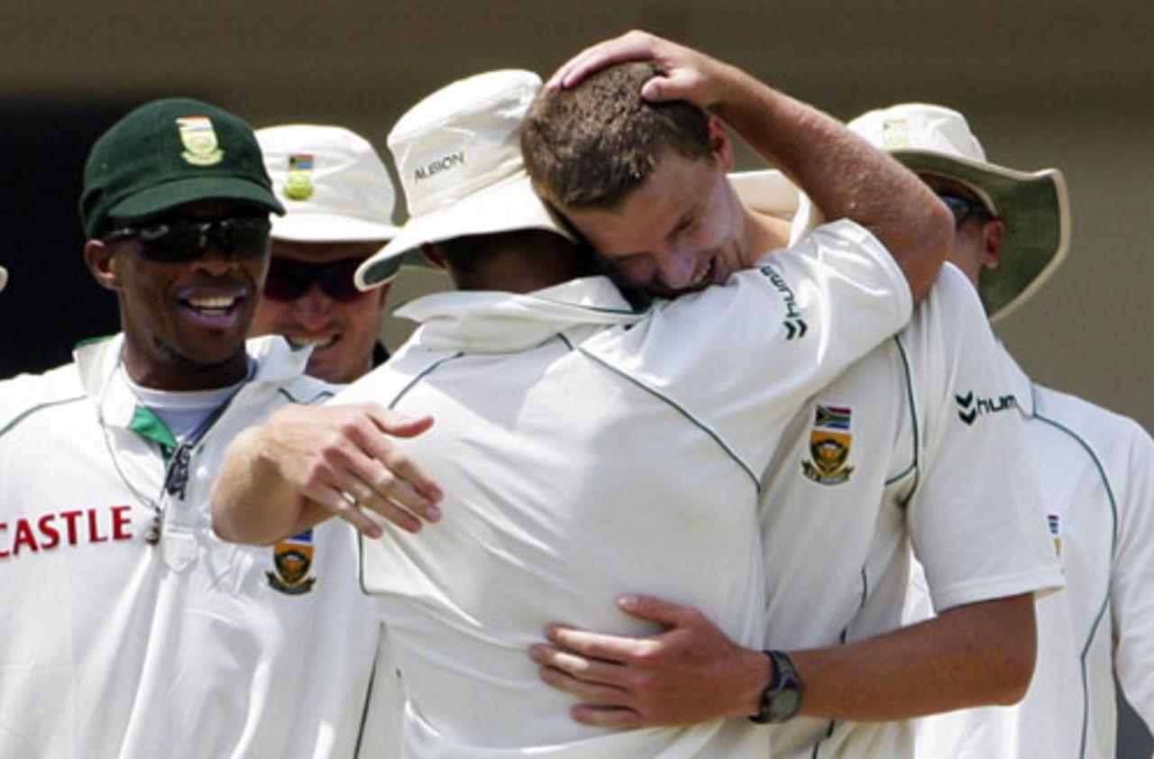 Morne Morkel is given a hug by a team-mate after his double-strike, India v South Africa, 3rd Test, Kanpur, 2nd day, April 12, 2008