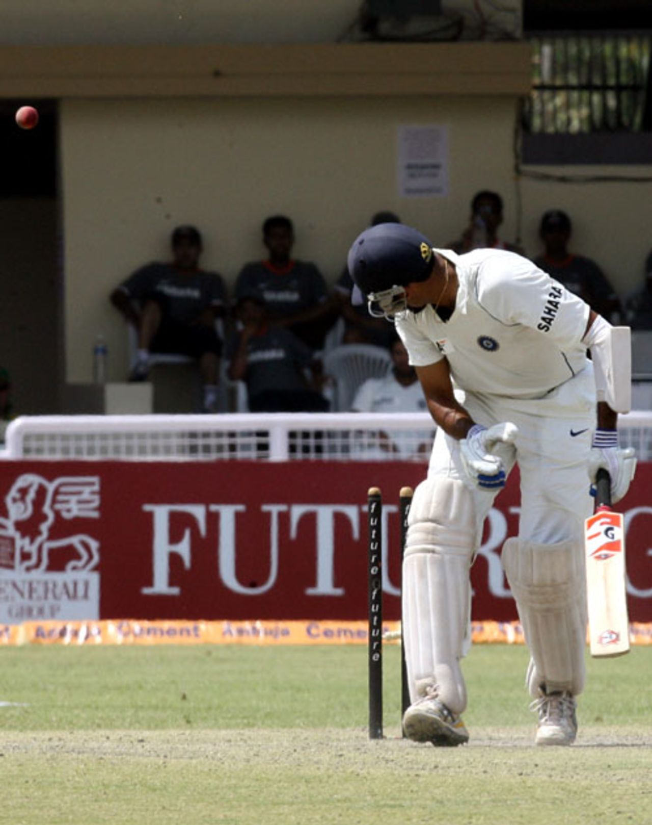 VVS Laxman looks back to see the stumps disturbed, India v South Africa, 3rd Test, Kanpur, 2nd day, April 12, 2008 