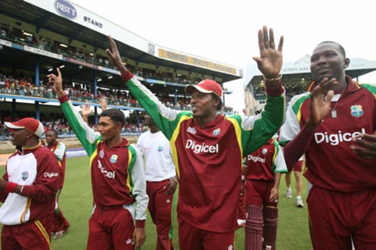 Chris Gayle leads the celebrations after West Indies won the series, West Indies v Sri Lanka, 2nd ODI, Trinidad, April 12, 2008