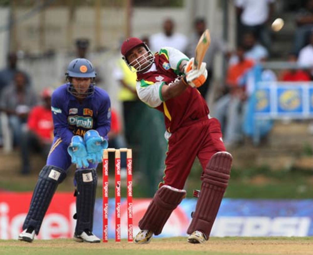 Marlon Samuels drives in the air, West Indies v Sri Lanka, 2nd ODI, Trinidad, April 12, 2008