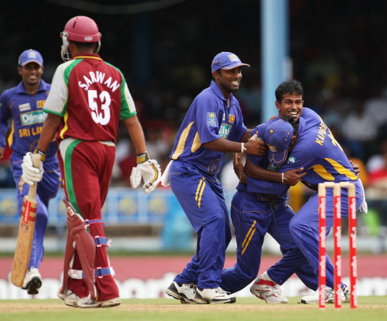Nuwan Kulasekara is mobbed by his team-mates after dismissing Ramnaresh Sarwan, West Indies v Sri Lanka, 2nd ODI, Trinidad, April 12, 2008
